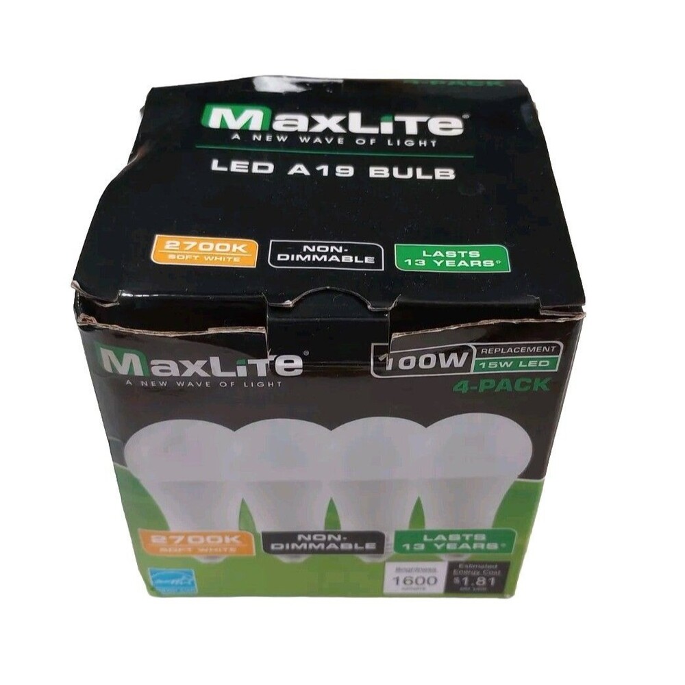 MaxLite Light Bulbs 4-Pack Soft White A19 100W (15W LED) 1600 Lumens Used